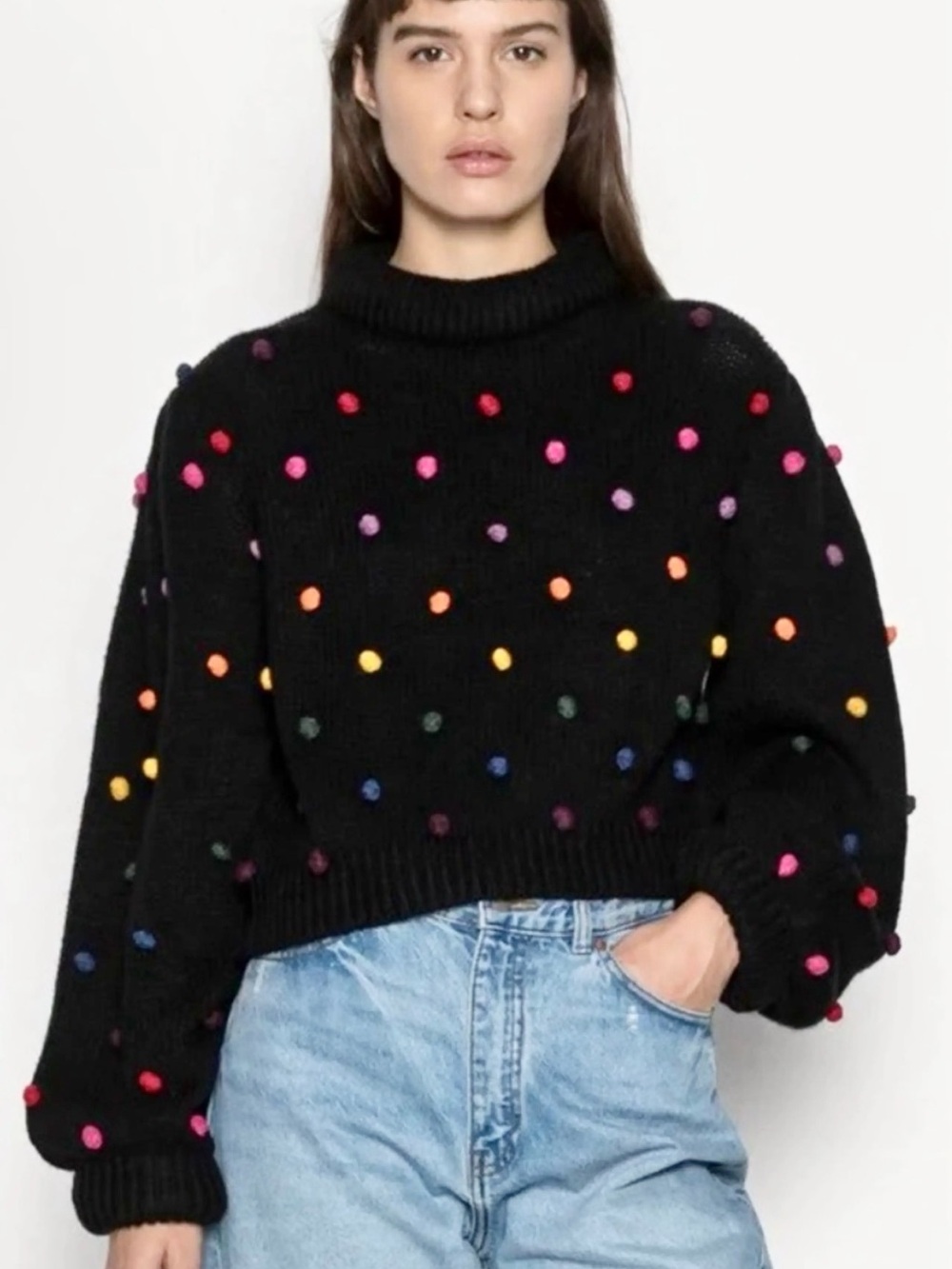Farm Rio Black Rainbow Dots Pom  Blouson Sleeve Turtleneck Sweater EUC